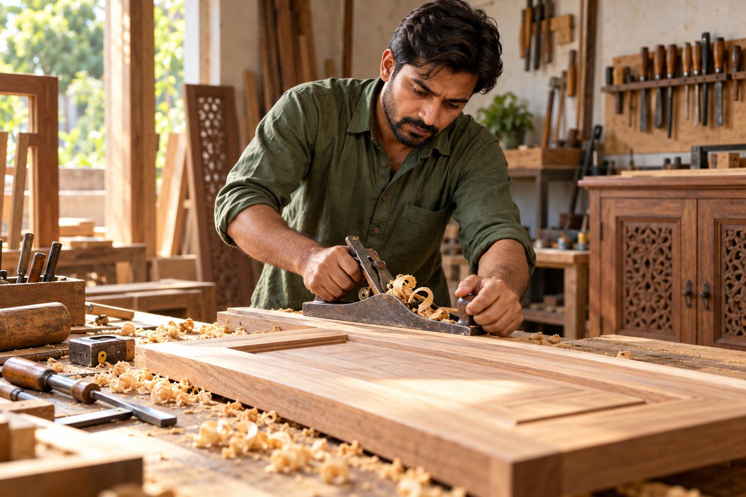 A carpenter shaping a wooden cabinet in his workshop